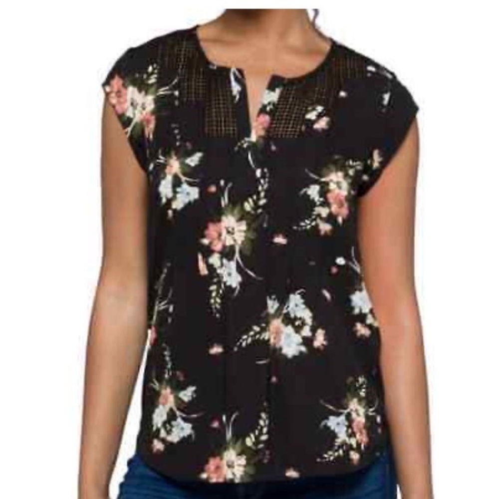 Daniel Rainn Petite Estefany Lace Floral Split Neck Blouse Black Large NEW